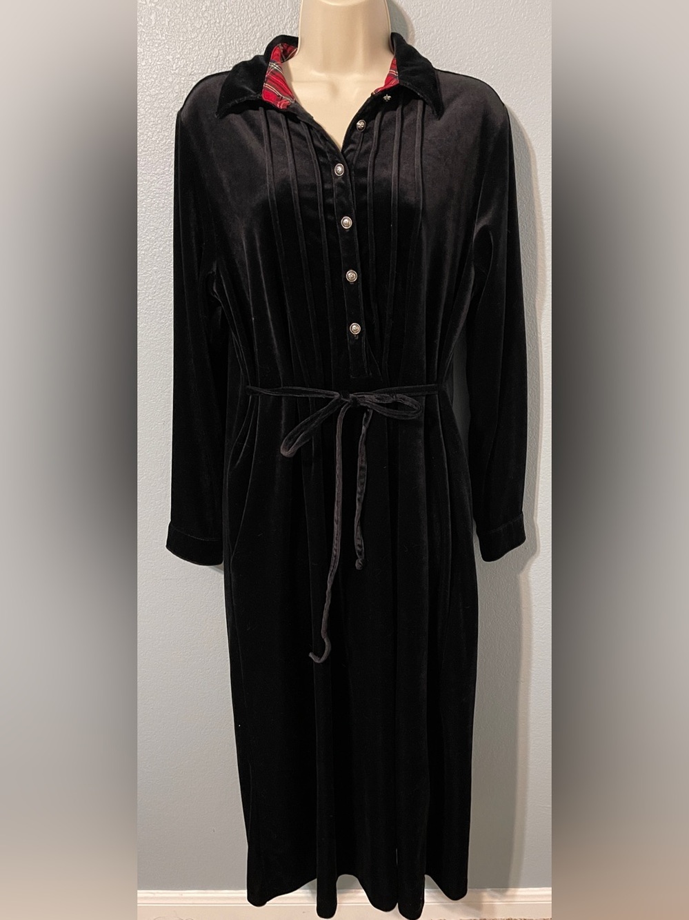 Coldwater Creek Black Velvet Maxi Dress Plaid Collar Whimsigoth Holiday Goth PM